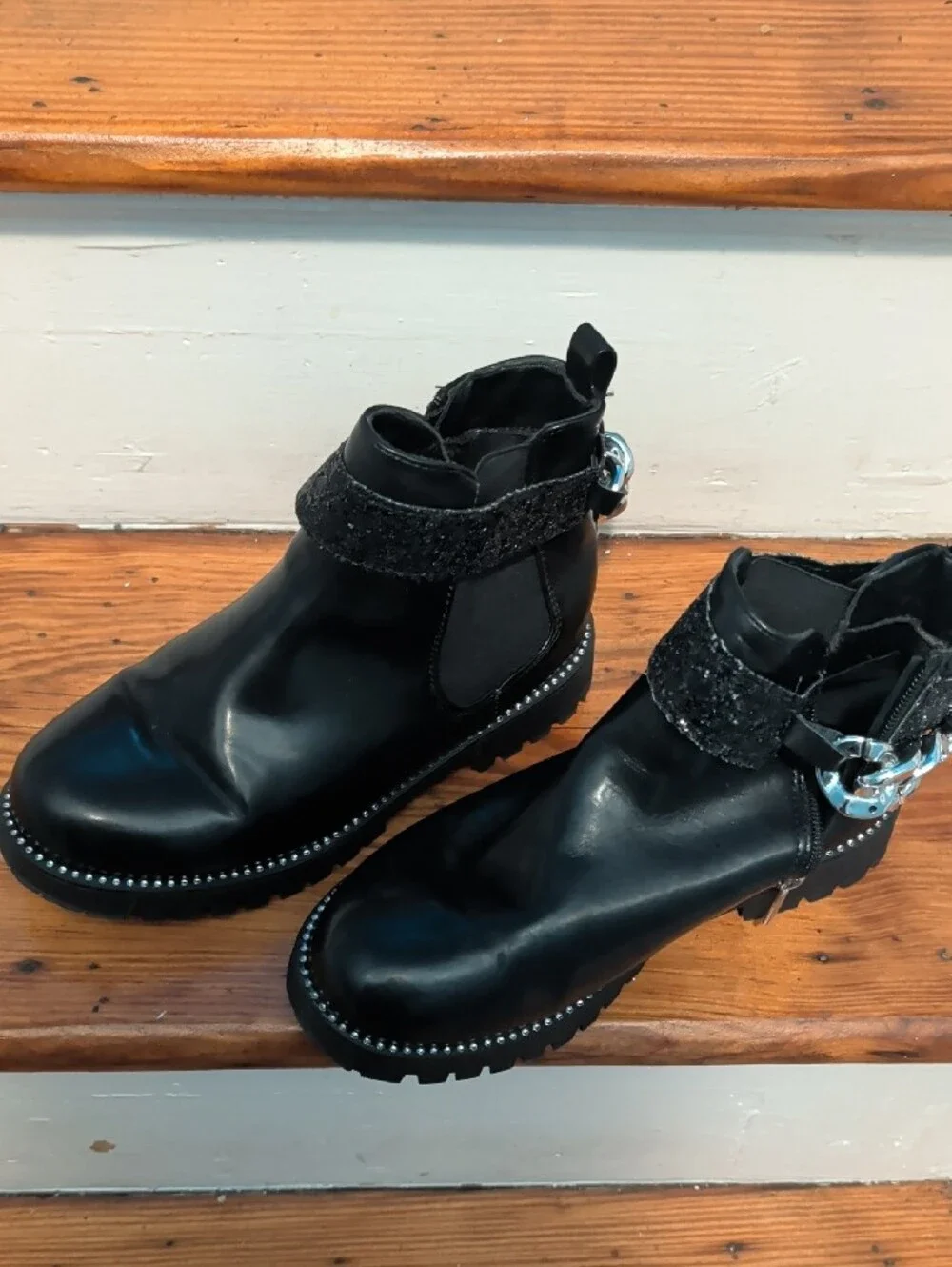 Black Kids Ankle Boots with Silver Chain Detail
